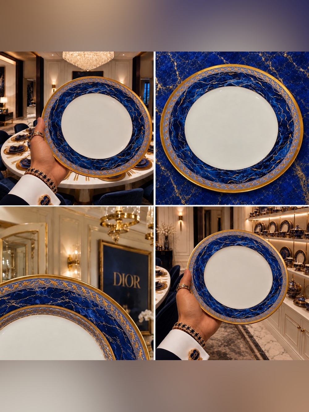 4 PCS Christian Dior Azure Royale Fine Original Art DINNER PLATES 1990’s Vintage